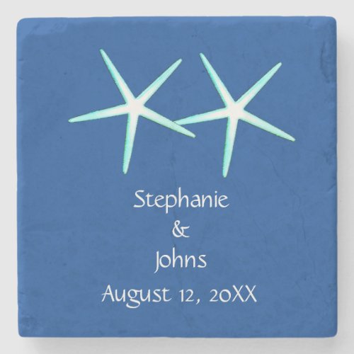 Starfish Cute Couple Blue White Nautical Weddings Stone Coaster