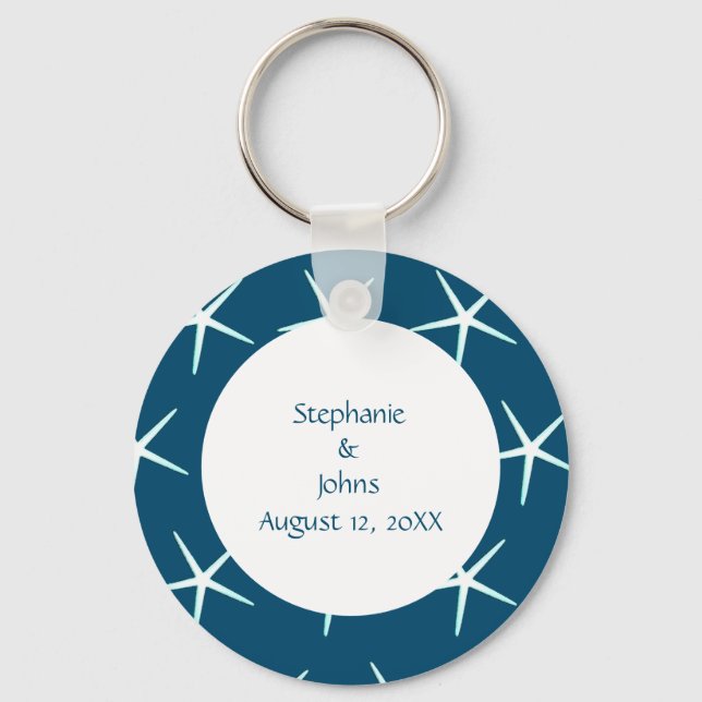 Starfish Cute Couple Blue White Wedding Gift Favor Keychain (Front)