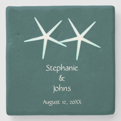 Starfish Cute Couple Cyan Dark Green Gift Wedding Stone Coaster