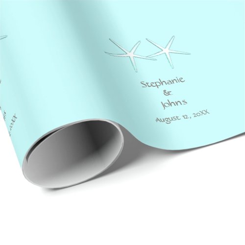 Starfish Cute Couple Teal Blue Grey Wedding Custom Wrapping Paper