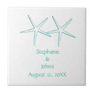 Starfish Cute Couple Teal Blue White 2022 Weddings Ceramic Tile