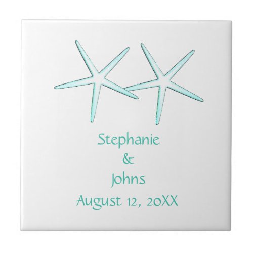 Starfish Cute Couple Teal Blue White 2022 Weddings Ceramic Tile