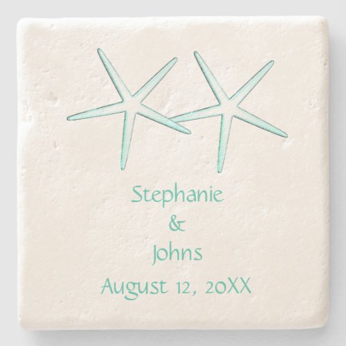 Starfish Cute Couple Teal Blue White 2022 Weddings Stone Coaster