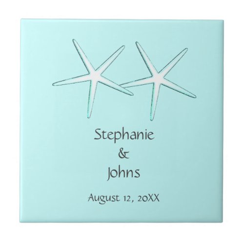 Starfish Cute Couple Teal White Gift Favor Wedding Ceramic Tile