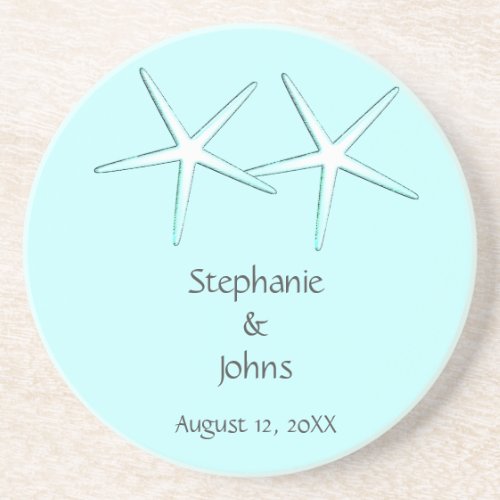 Starfish Cute Couple Teal White Gift Favor Wedding Coaster