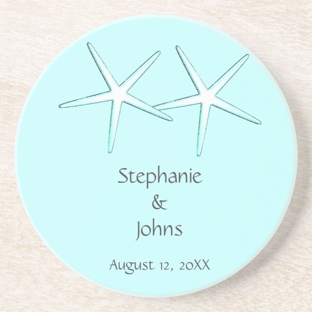 Starfish Cute Couple Teal White Gift Favor Wedding Coaster (Front)