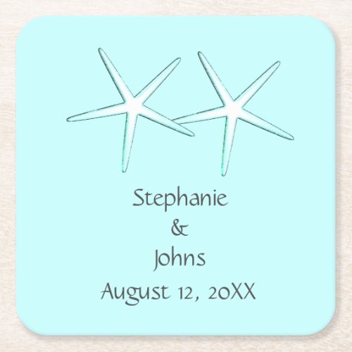 Starfish Cute Couple Teal White Grey 2021 Wedding Square Paper Coaster