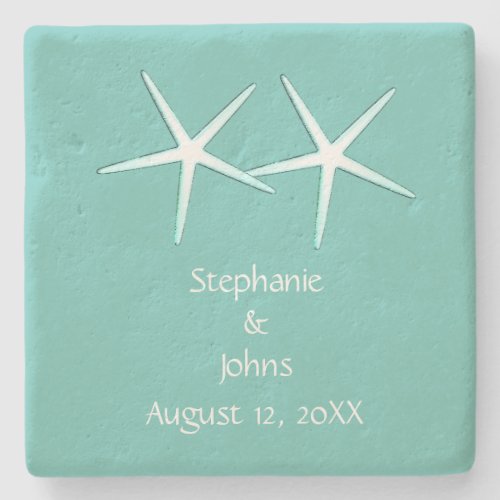 Starfish Cute Couple Teal White Nautical Weddings  Stone Coaster