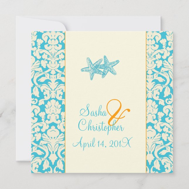 Starfish + damask/aqua Wedding Invitations (Front)