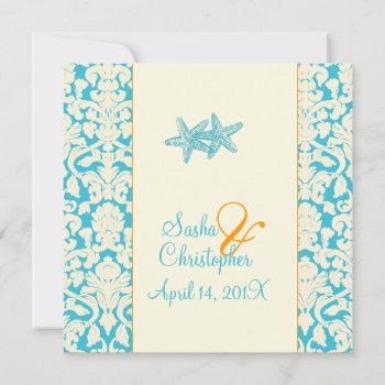 Starfish   Damask/aqua Wedding Invitations by custom_stationery at Zazzle