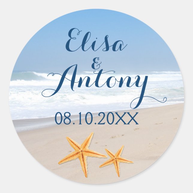Starfish destination beach wedding Save the Date Classic Round Sticker (Front)