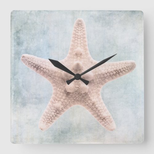 Starfish Distressed Coastal Blue Cream Watercolor Square Wall Clock