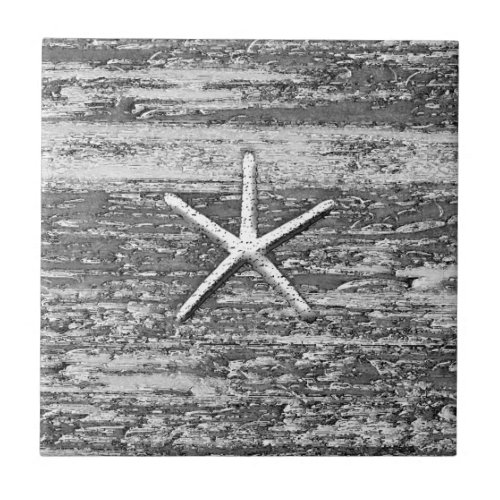 Starfish Driftwood Black And White Watercolor Ceramic Tile
