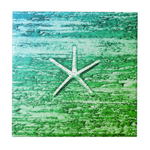 Starfish Driftwood Blue-Green Watercolor Ceramic Tile