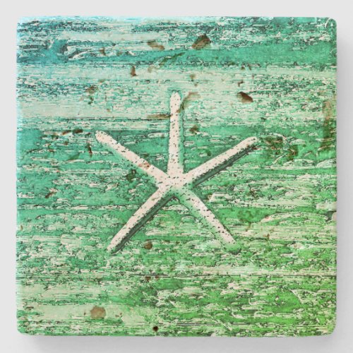 Starfish Driftwood Rustic Nautical Blue Green Stone Coaster