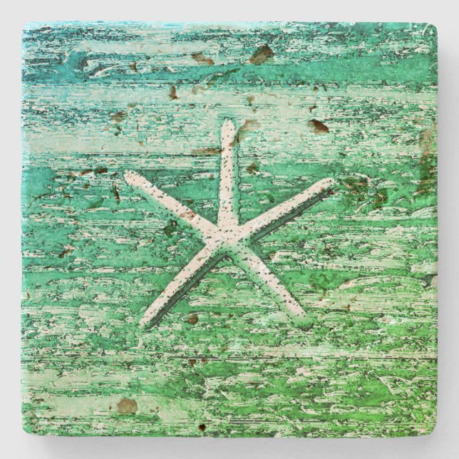 Starfish Driftwood Rustic Nautical Blue Green Stone Coaster (Front)