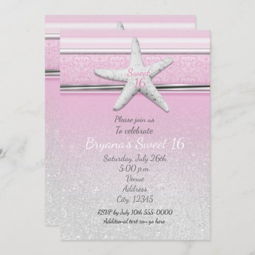 Starfish Elegant Beach Pink Sweet 16 Invitations