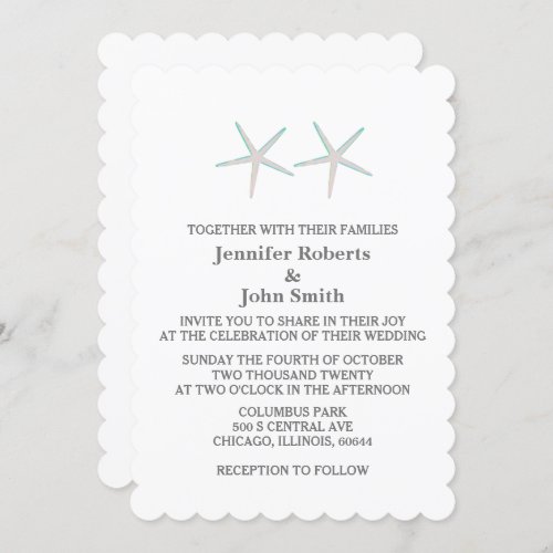 Starfish Elegant Nautical Grey Teal White Wedding Invitation