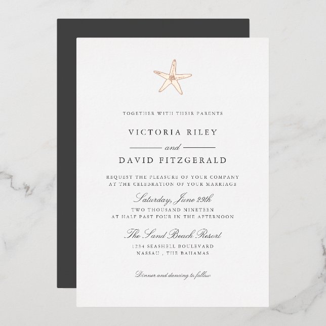Starfish Elegant Ocean Beach WEDDING ROSE GOLD  Foil Invitation (Front/Back)