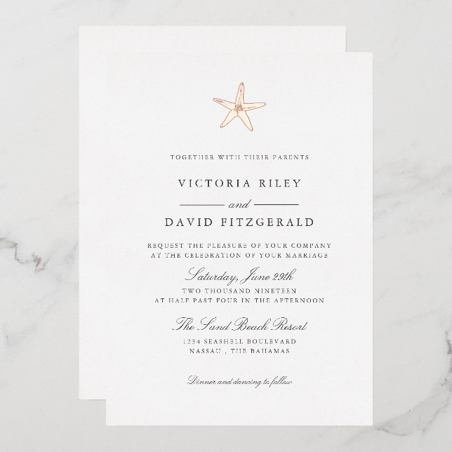 Starfish Elegant Ocean Beach WEDDING ROSE GOLD V2 Foil Invitation (Front/Back)