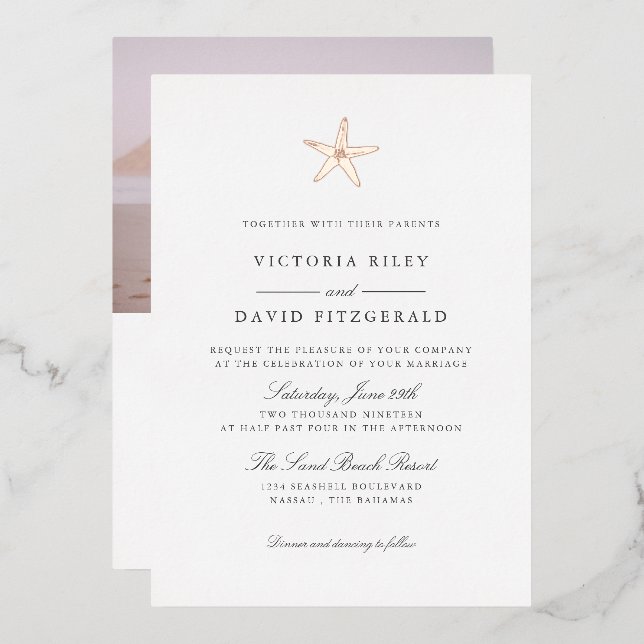 Starfish Elegant Ocean Beach WEDDING ROSE GOLD V3 Foil Invitation (Front/Back)