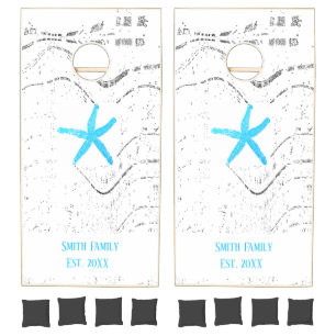 Starfish Family Beach House Blue White Rustic Cornhole Set