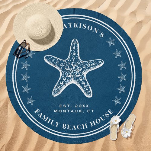 Starfish Family Beach House Custom Name Navy Beach Towel