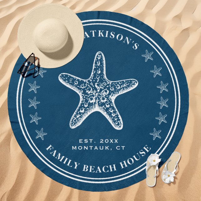 Starfish Family Beach House Custom Name Navy Beach Towel (Creator Uploaded)