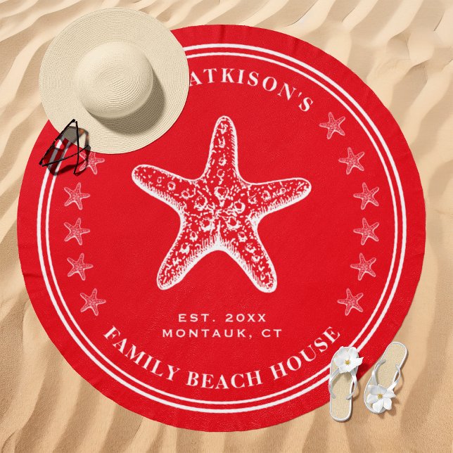 Starfish Family Beach House Custom Name Red Beach Towel (Creator Uploaded)