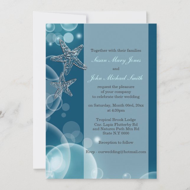 Starfish faux silver bubbles blue sparkle invitation (Front)