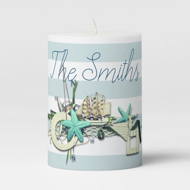 Starfish, Fishing Net & Tall Ship Nautical Pillar Candle (Front)