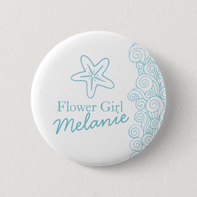 Starfish flower girl aqua wedding pin / button (Front)