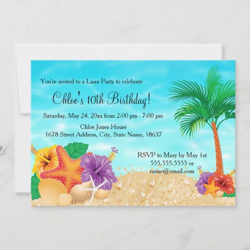 Starfish Flower Luau Birthday Party Invite