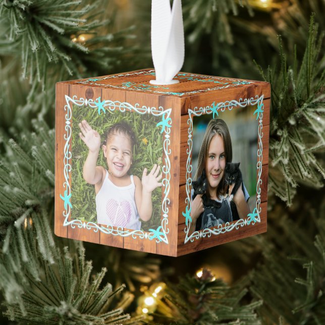 Starfish Framed Wood Cube Photo Ornament (Tree)