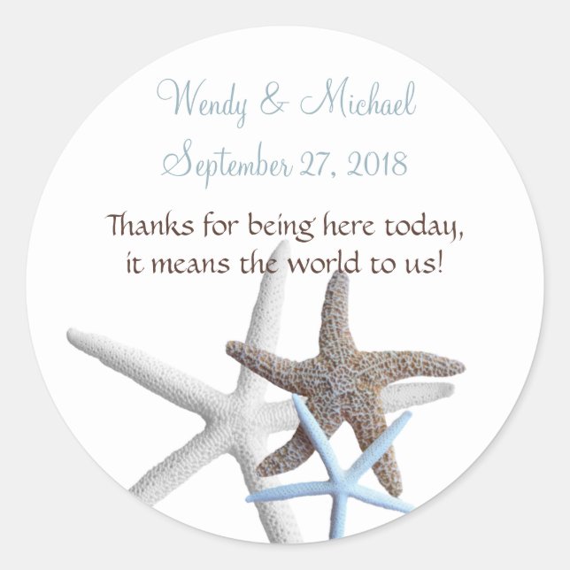 Starfish Gathering Round Wedding Favor Labels (Front)