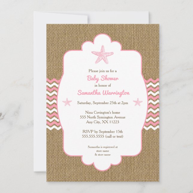 Starfish girl baby shower invites pink burlap (Front)