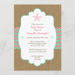 Starfish girl baby shower invites pink mint burlap
