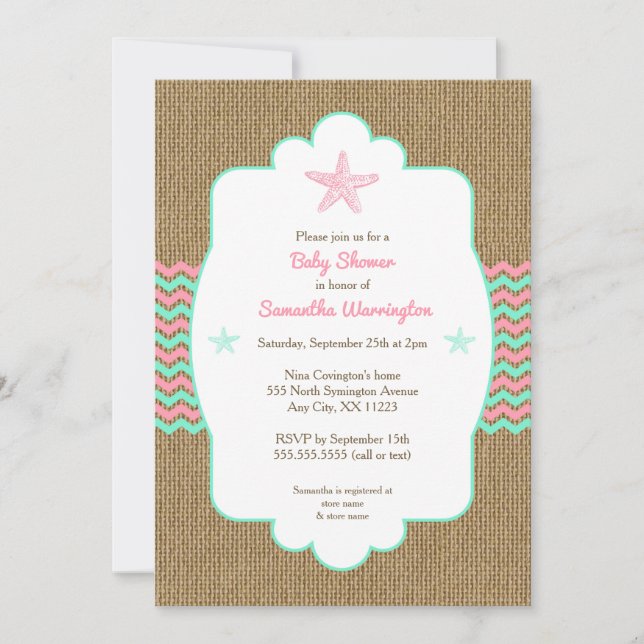 Starfish girl baby shower invites pink mint burlap (Front)