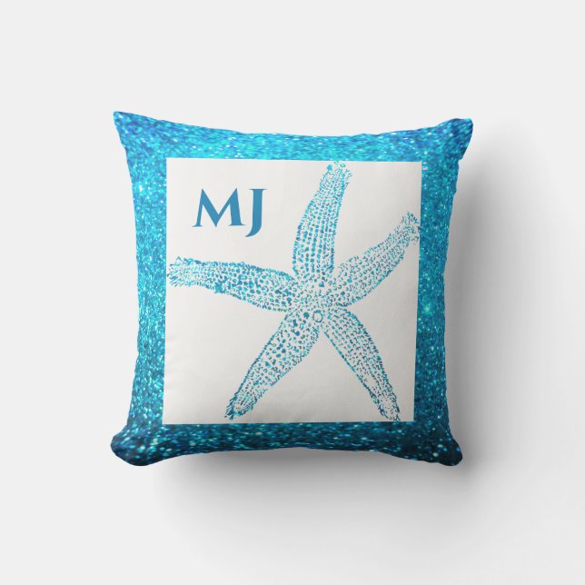 Starfish Glittery Teal Blue Monogram Initials Cute Outdoor Pillow (Front)