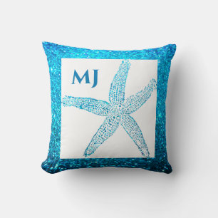 Starfish Glittery Teal Blue Monogram Initials Cute Throw Pillow