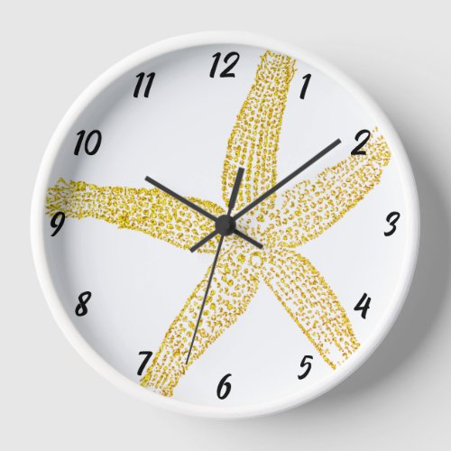 Starfish Gold Glitter Beach House Yellow White Clock