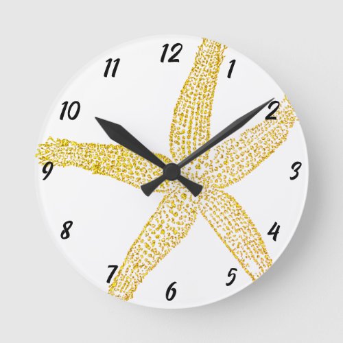 Starfish Gold Glitter Yellow White Beach House Round Clock