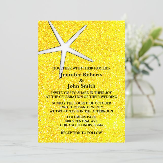 Starfish Gold Yellow Glitter Beach Royal Wedding  Invitation (Standing Front)