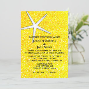 Starfish Gold Yellow Glitter Beach Royal Wedding Invitation