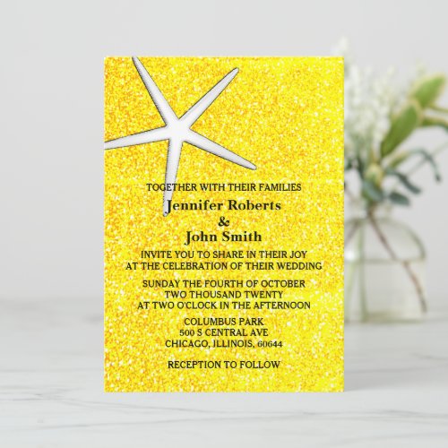 Starfish Gold Yellow Glitter Beach Royal Wedding  Invitation