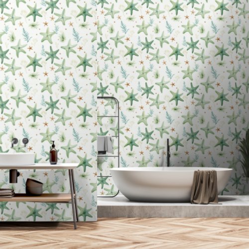 Starfish green watercolor seamless pattern beach wallpaper 