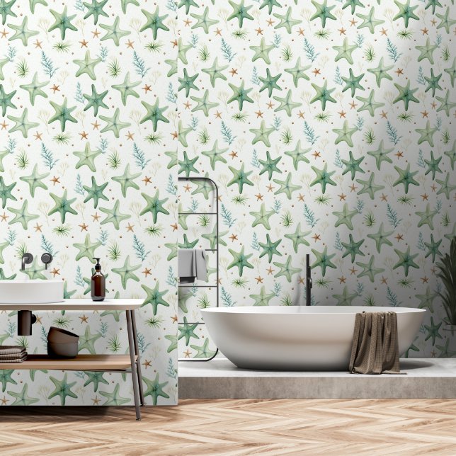 Starfish green watercolor seamless pattern beach wallpaper  (Bathroom)