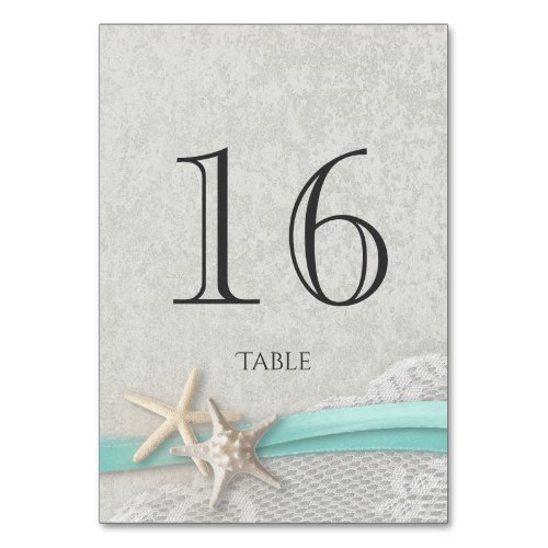 Starfish Grey and Aqua Ribbon Table Number Card