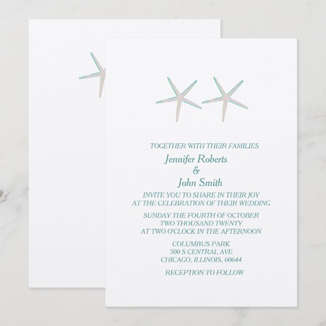 Starfish Grey Teal Silver Elegant Nautical Wedding Invitation (Front/Back)