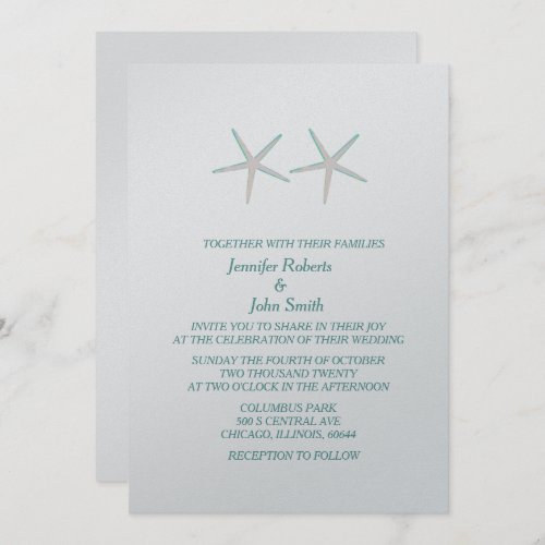 Starfish Grey Teal Silver Elegant Nautical Wedding Invitation